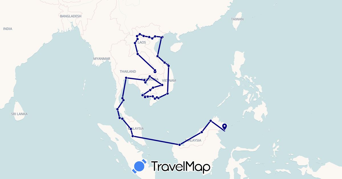 TravelMap itinerary: driving in Cambodia, Laos, Malaysia, Thailand, Vietnam (Asia)